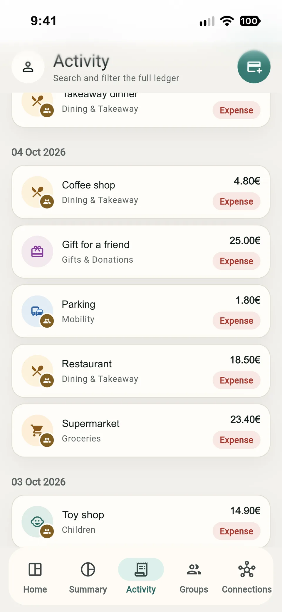 Activity ledger in allfi. listing recent expenses by date