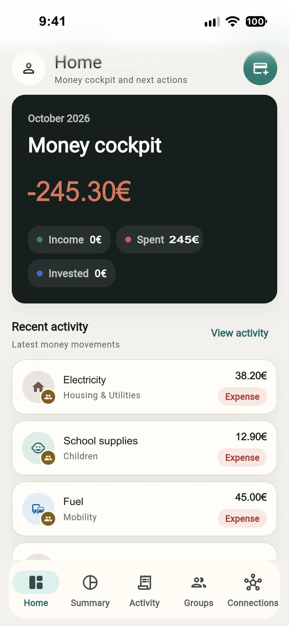 allfi. home screen showing personal expenses and groups